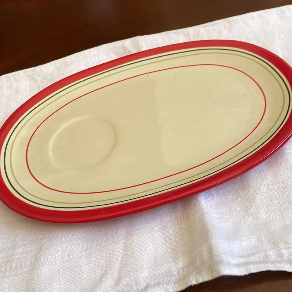 Crate & Barrel cup & sandwich plate tray set red & green stripe